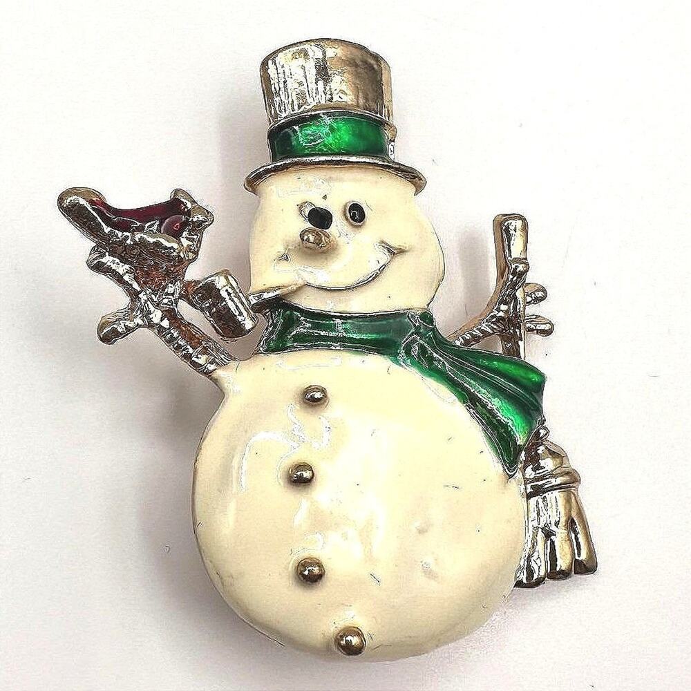 Vintage 80s Christmas Snowman Brooch Enamel Gold Tone Holiday Jewelry Broom Hat